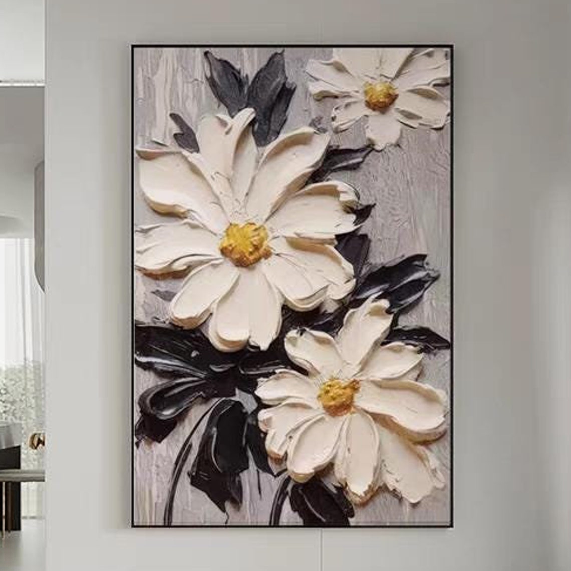 White Flowers With Black Leaves Botanical Contrast Art Poster