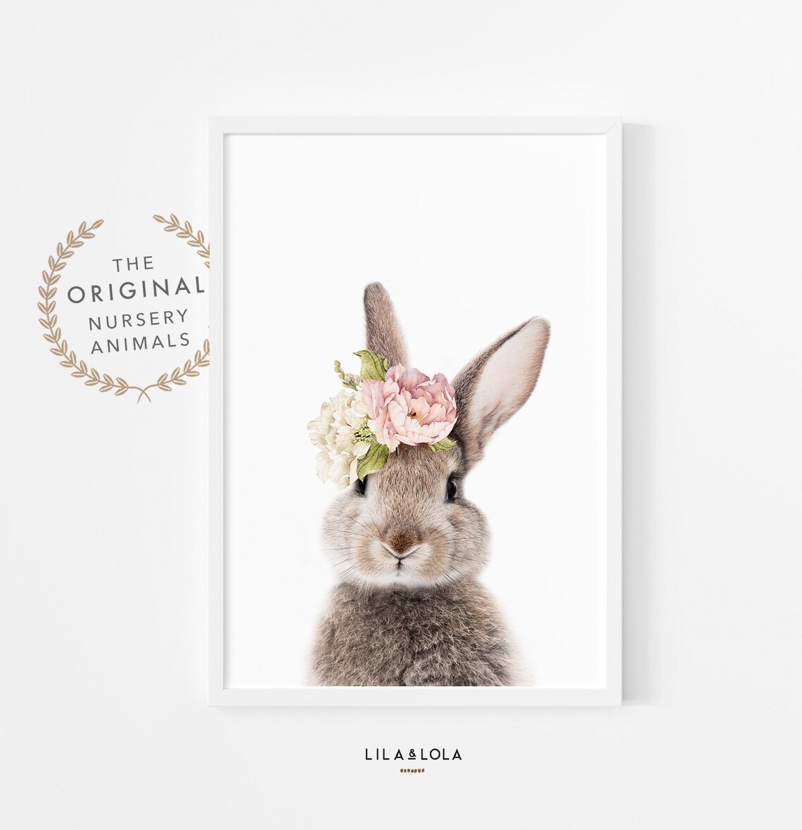 Floral Crown Bunny Art Print, Girls Nursery Decor