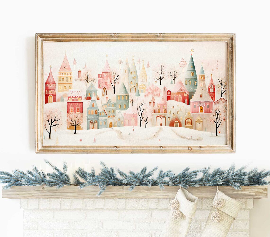 Christmas Village Scene Art Print, Pastel Holiday Decor