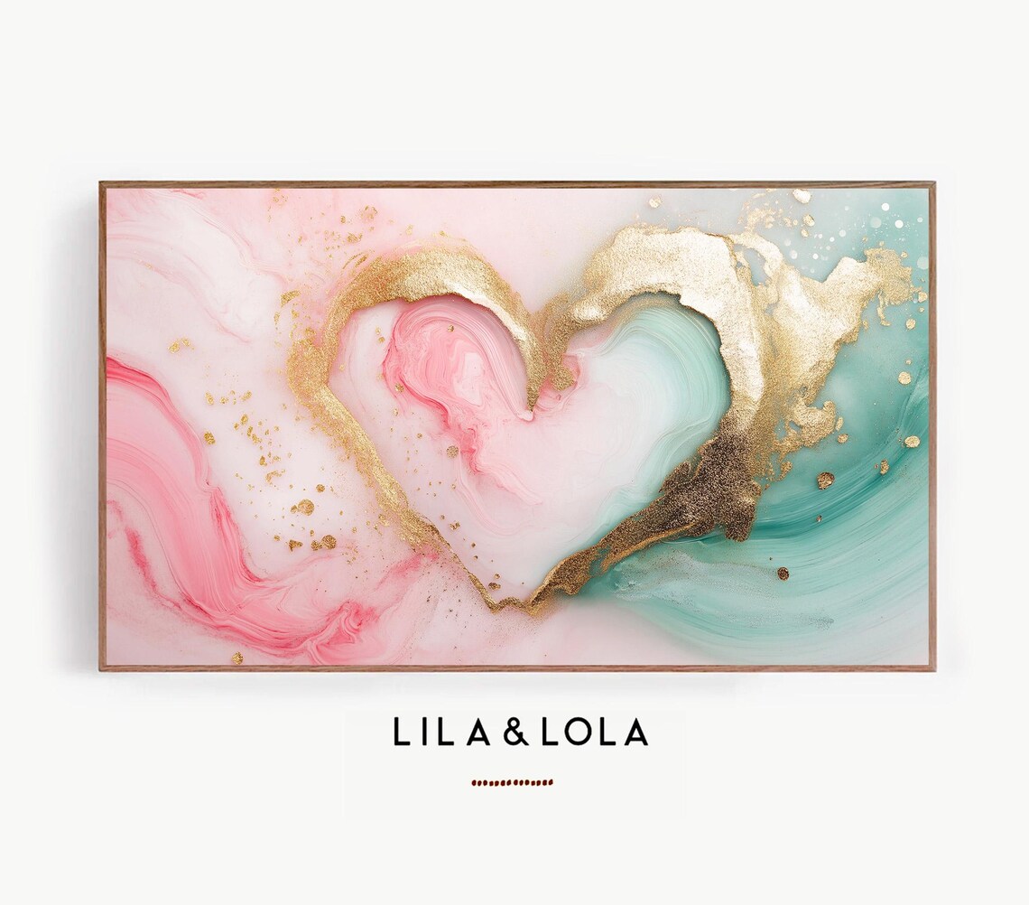 Gold Heart Marble Canvas Print Pink Teal Abstract Swirl Modern Decor