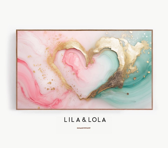 Gold Heart Marble Canvas Print Pink Teal Abstract Swirl Modern Decor