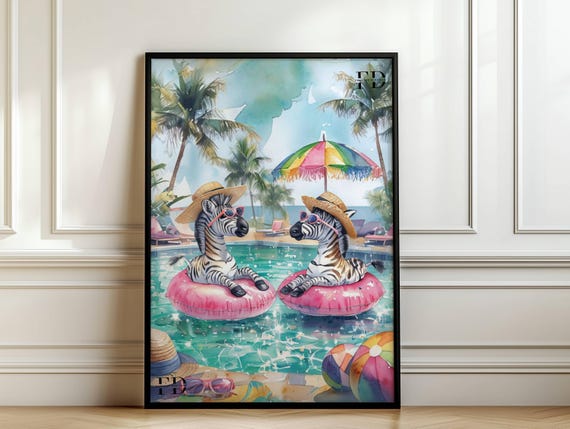 Zebra Pool Funny Coastal Tropical Animal Art Print