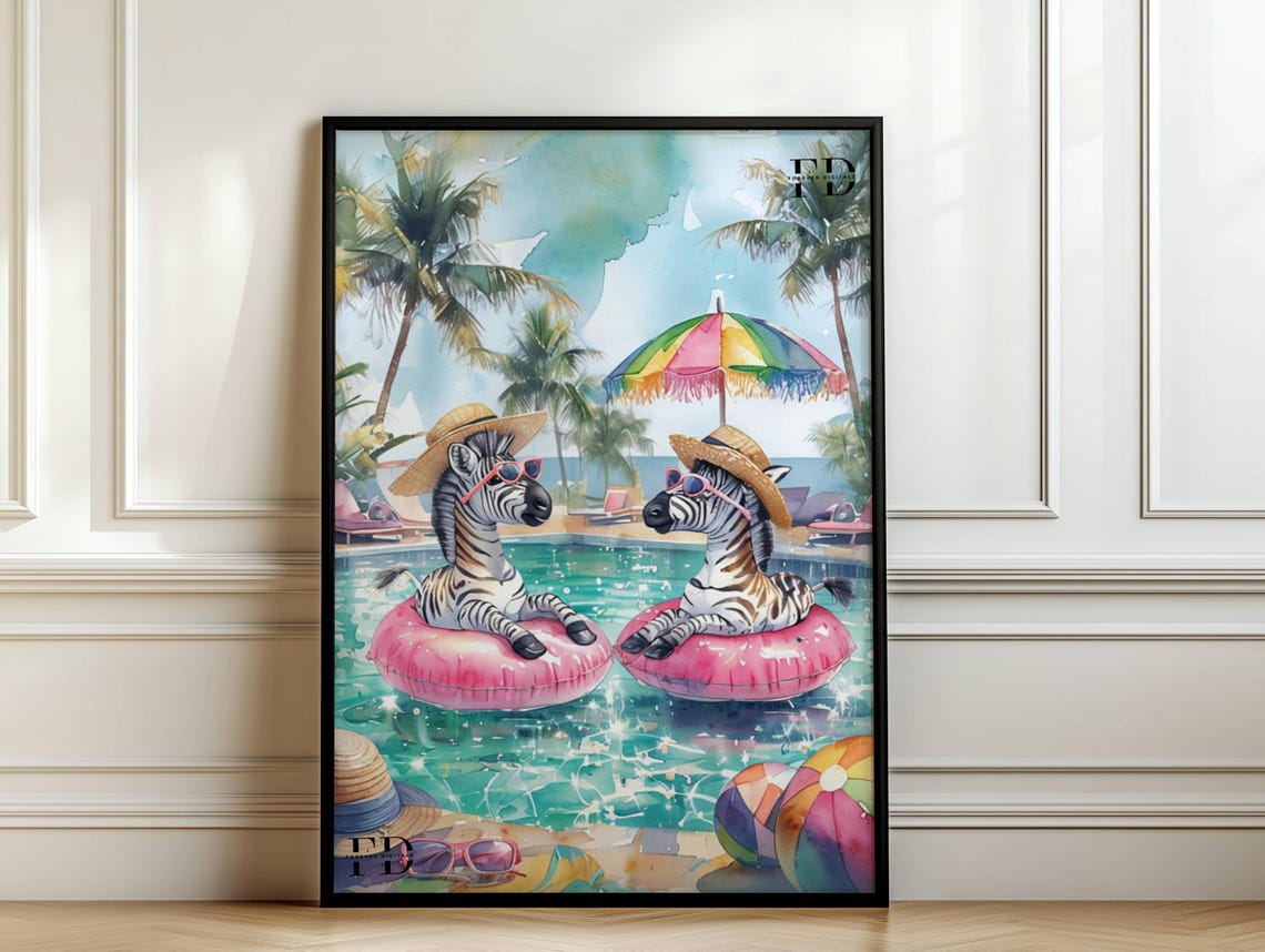 Zebra Pool Funny Coastal Tropical Animal Art Print