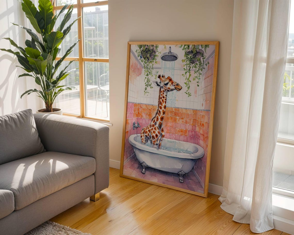 Funny Bathroom Giraffe Taking A Shower, Poster Print - Image 4