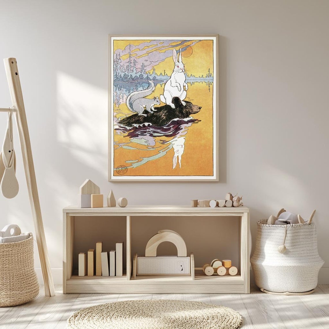 White Rabbit Riding Bear Vintage Storybook Nursery Art Poster - Image 3