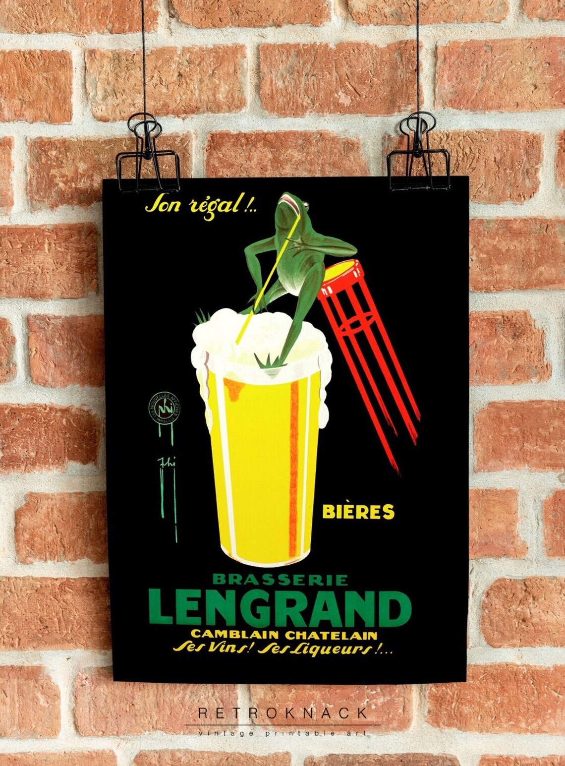 Frog Sipping Beer Vintage French Brasserie Lengrand Advertising Poster - Image 2