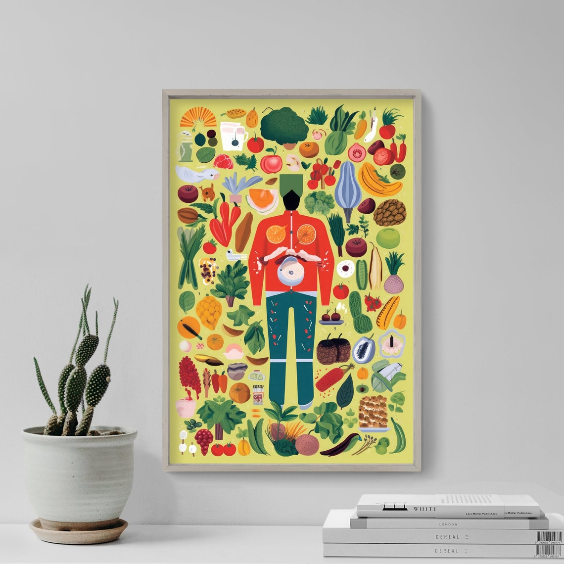 Vegan Chef Surrounded By Produce Colorful Kitchen Illustration Poster