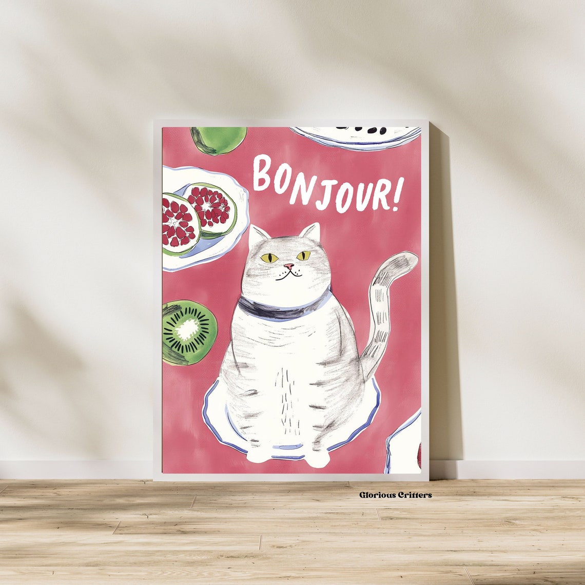 Bonjour White Cat Pink Background Fig Kiwi Cute French Kitchen Poster - Image 3