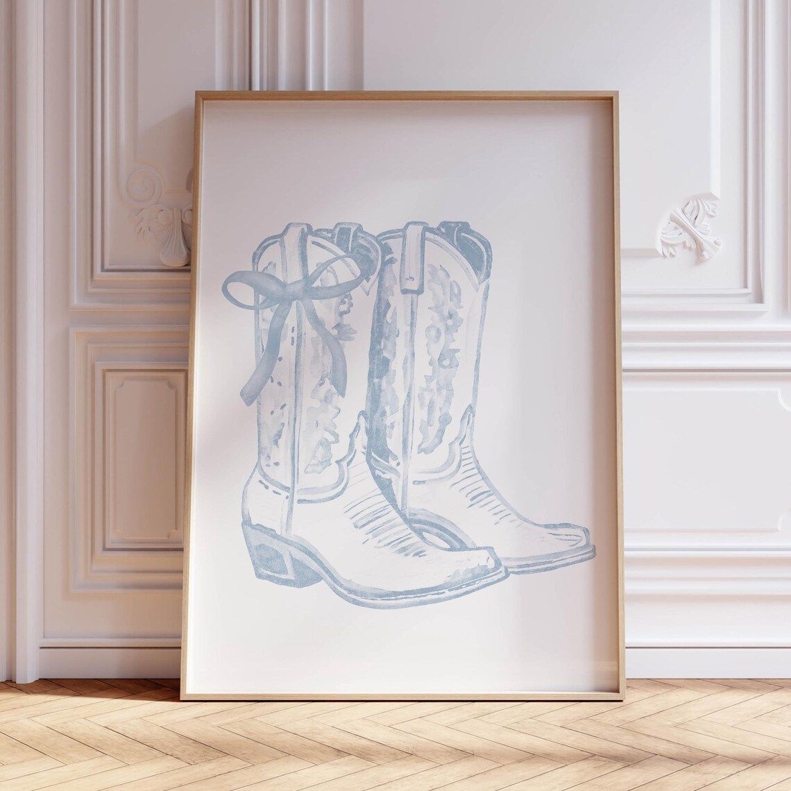 Light Blue Cowboy Boots Pair With Bow Western Coastal Wall Art
