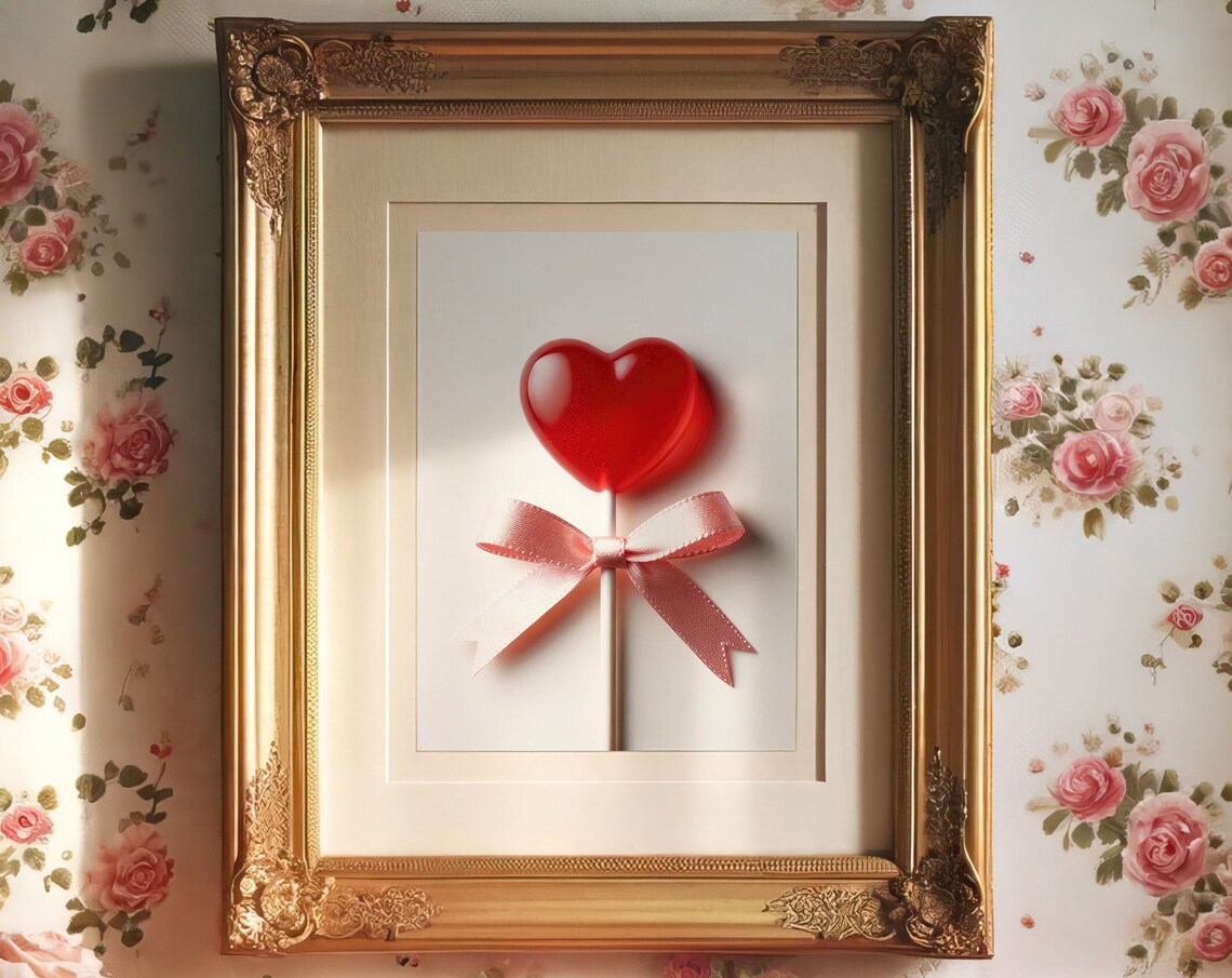 Glossy Red Heart Lollipop with Pink Bow Minimalist Sweet Art Poster