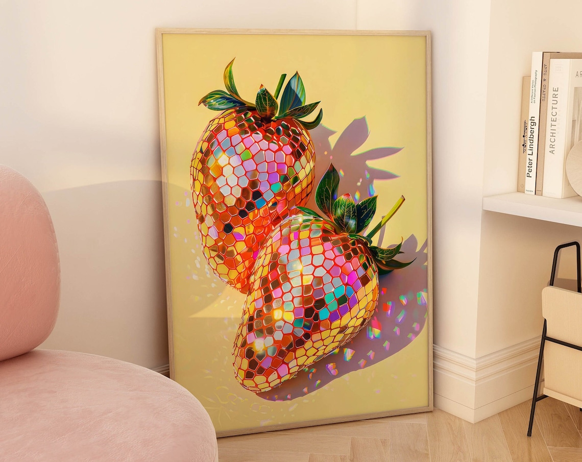 Strawberry Maximalist Wall Art, Funky Poster Print