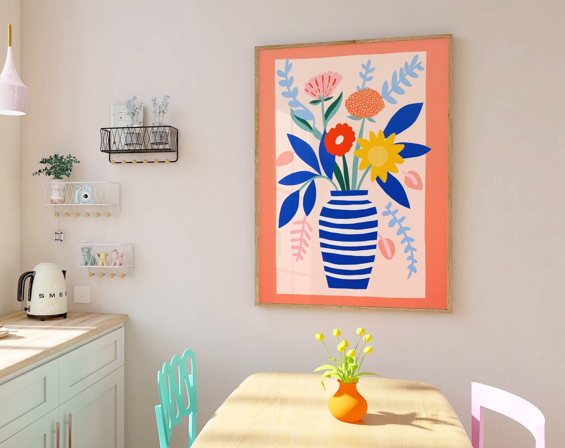 Colorful Flowers Blue Striped Vase Coral Border Modern Floral Poster - Image 3