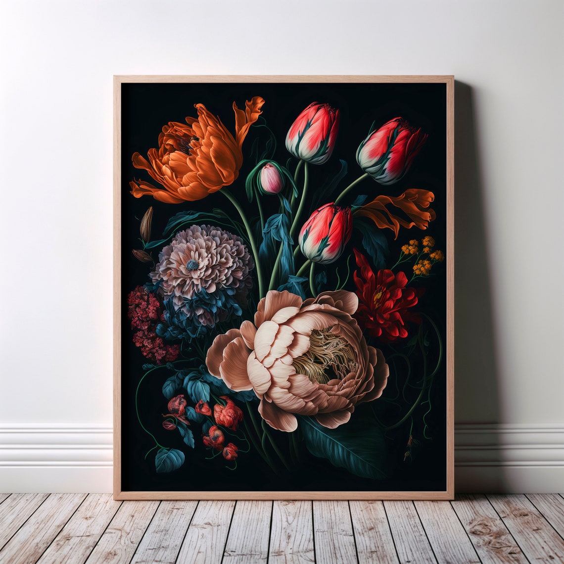 Lush Orange Tulip Blush Peony Dark Moody Floral Poster Bouquet Artwork
