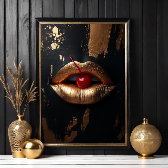 Golden Lips With Cherry Wall Art Poster Abstract Home Decor Luxury Modern Highend