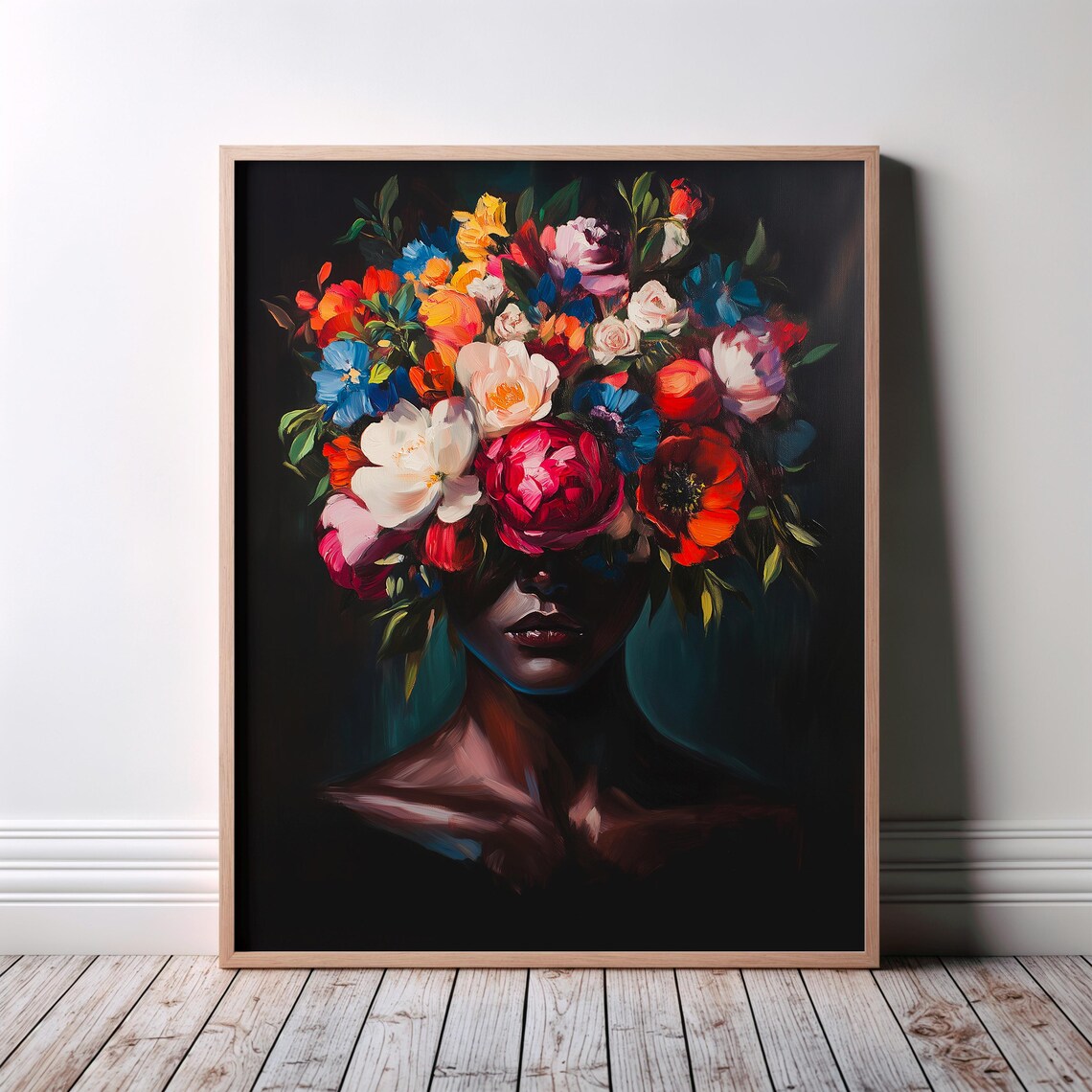 Colorful Painted Flowers Face Cover Woman Botanical Art Poster