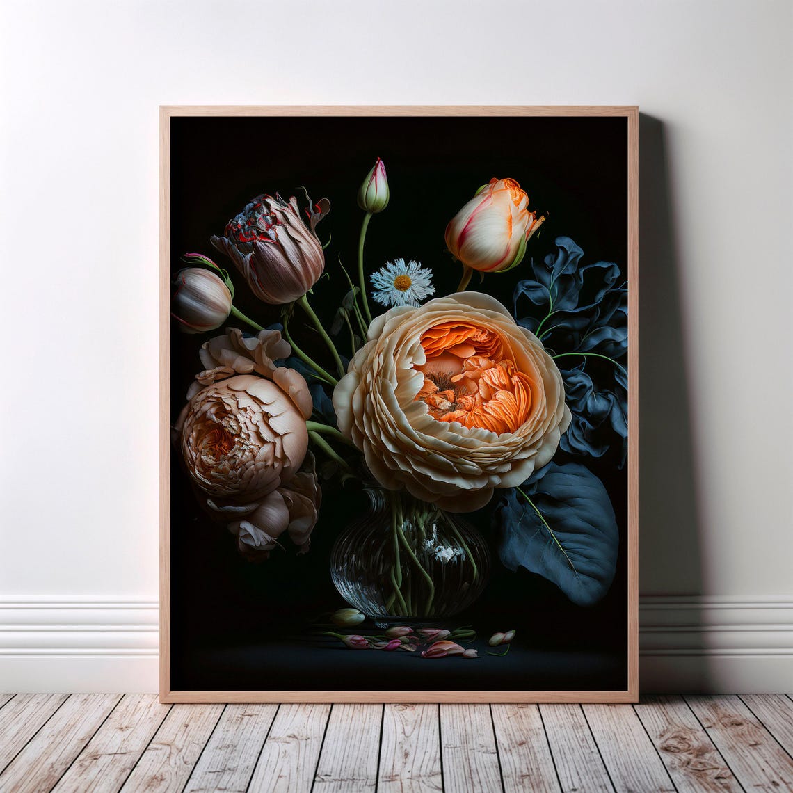 Dark Botanical Cream Peony Bouquet Vase Dramatic Floral Art Poster