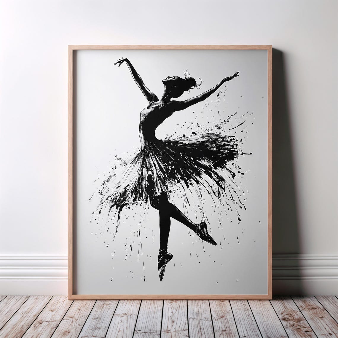 Black Monochrome Dancer Ink Splash Tutu Silhouette Art Poster