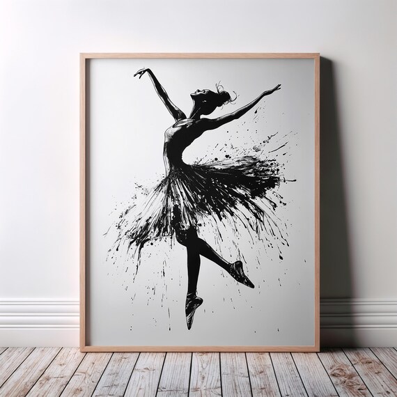 Black Monochrome Dancer Ink Splash Tutu Silhouette Art Poster