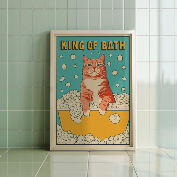 King Of Bath Funny Orange Tabby Cat Bubble Bath Retro Poster