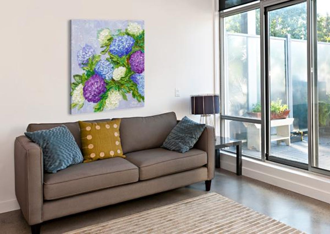 Hydrangea Flowers Painting Blue Purple White Impressionist Floral Art