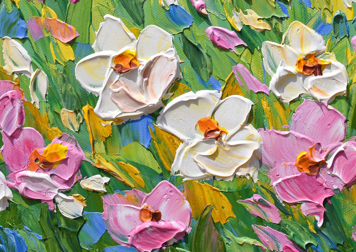 Pink White Yellow Blue Wildflower Field Spring Sky Impasto Poster - Image 2