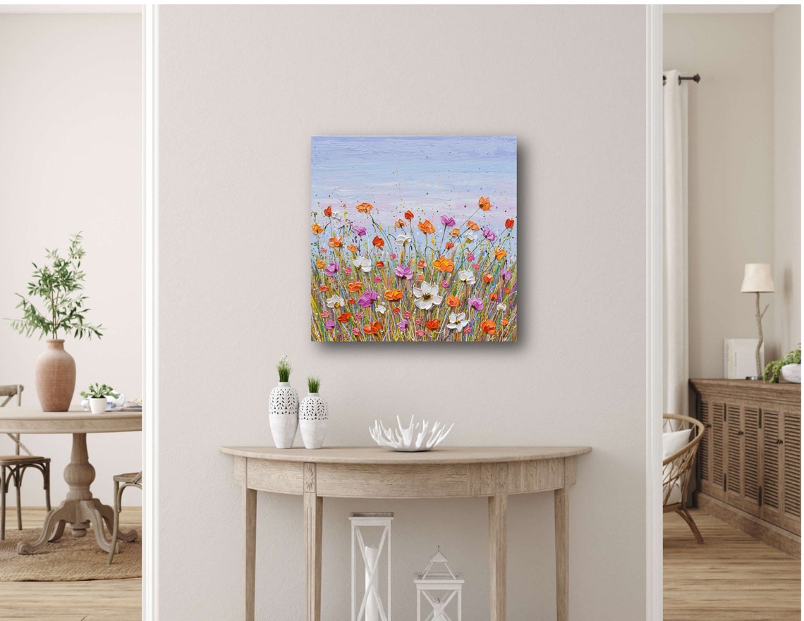 Pink Orange White Cosmos Wildflower Field Lavender Sky Art Poster - Image 2