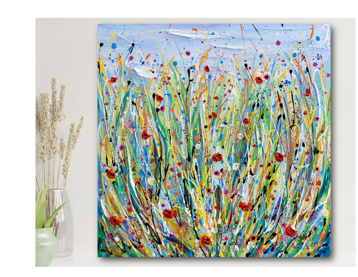Wildflower Meadow Splatter Painting Tall Grass Poppies Colorful Poster