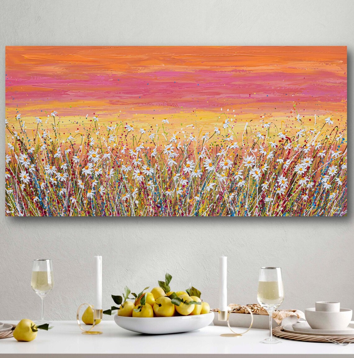 Daisy Wildflower Meadow, Impressionistic Sunset Art Print - Image 3