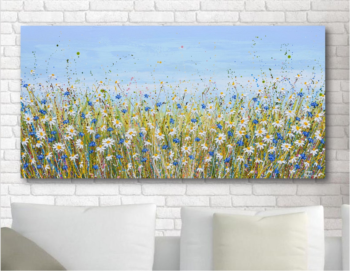 White Daisy Blue Cornflower Field Panoramic Meadow Impasto Art Print - Image 3