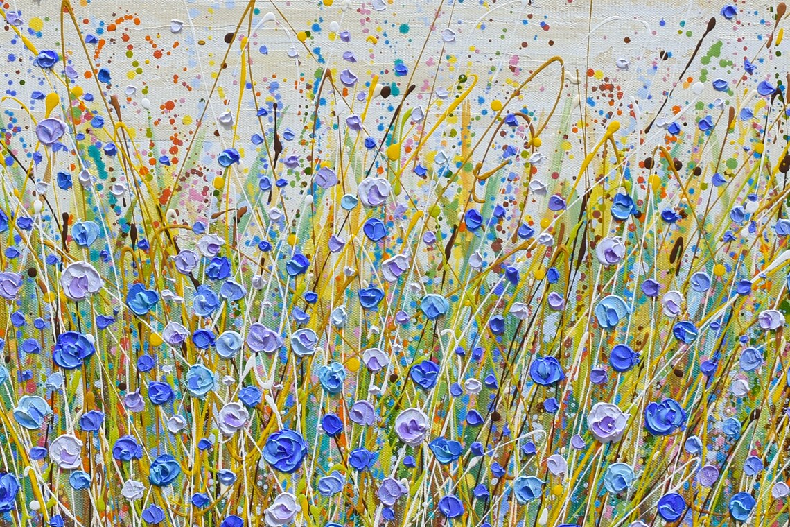 Blue Wildflower Field Golden Grass Beige Sky Panoramic Art Print - Image 3