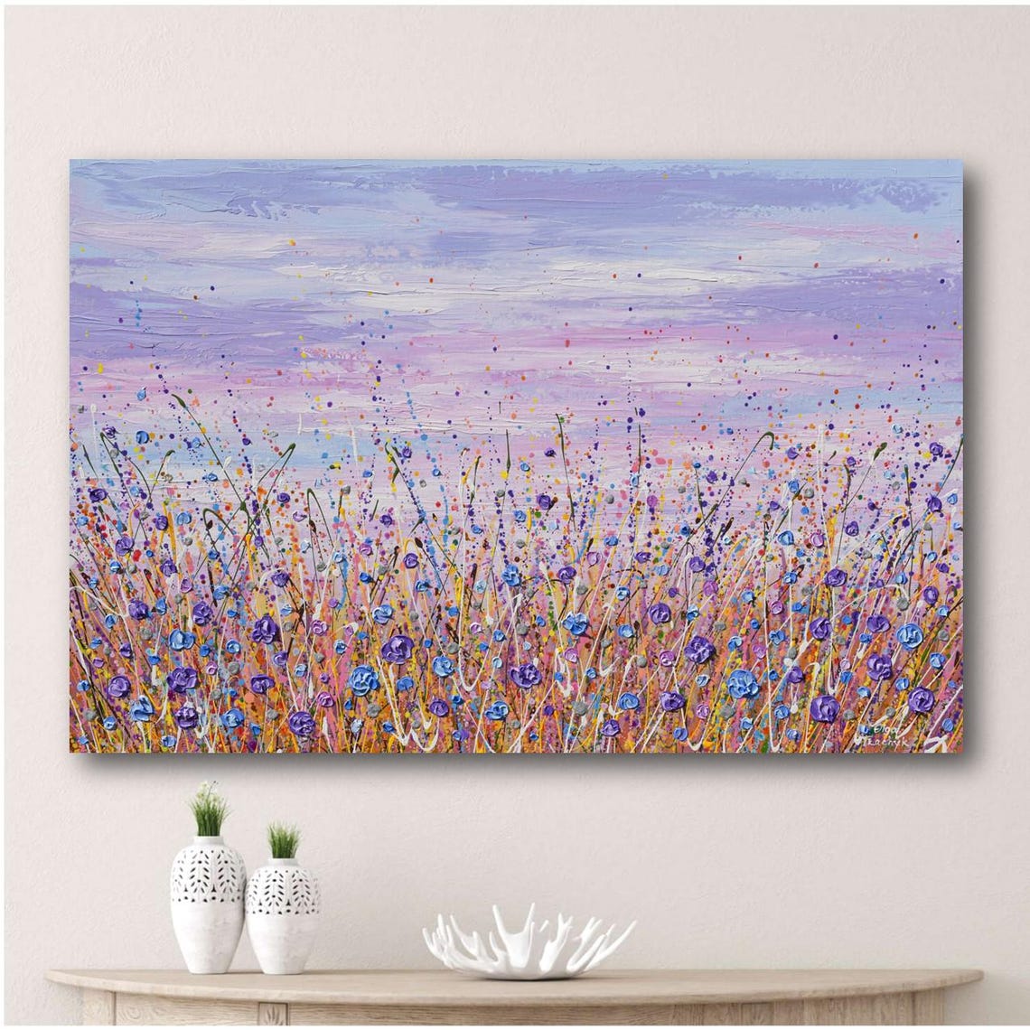Purple Blue Wildflower Meadow Lavender Sky Panoramic Splatter Poster