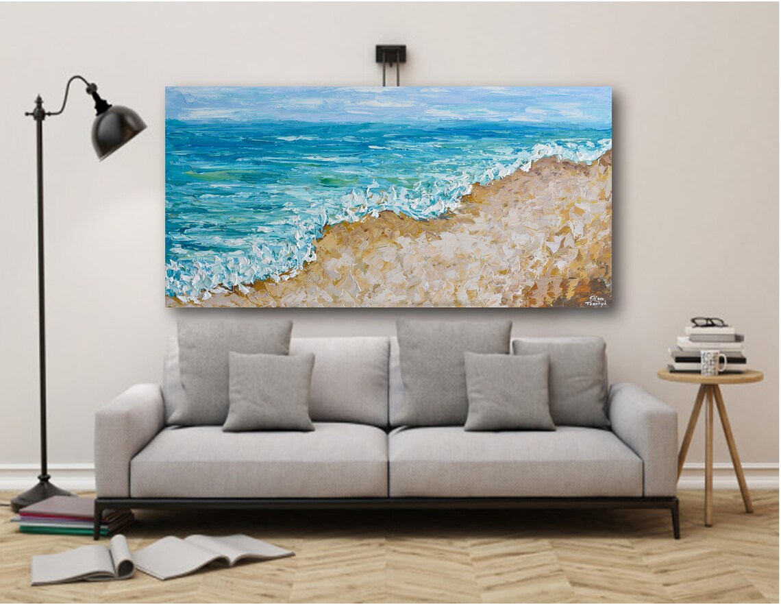 Panoramic Ocean Waves Painting Turquoise Water Golden Sand Coastal Poster - Image 3