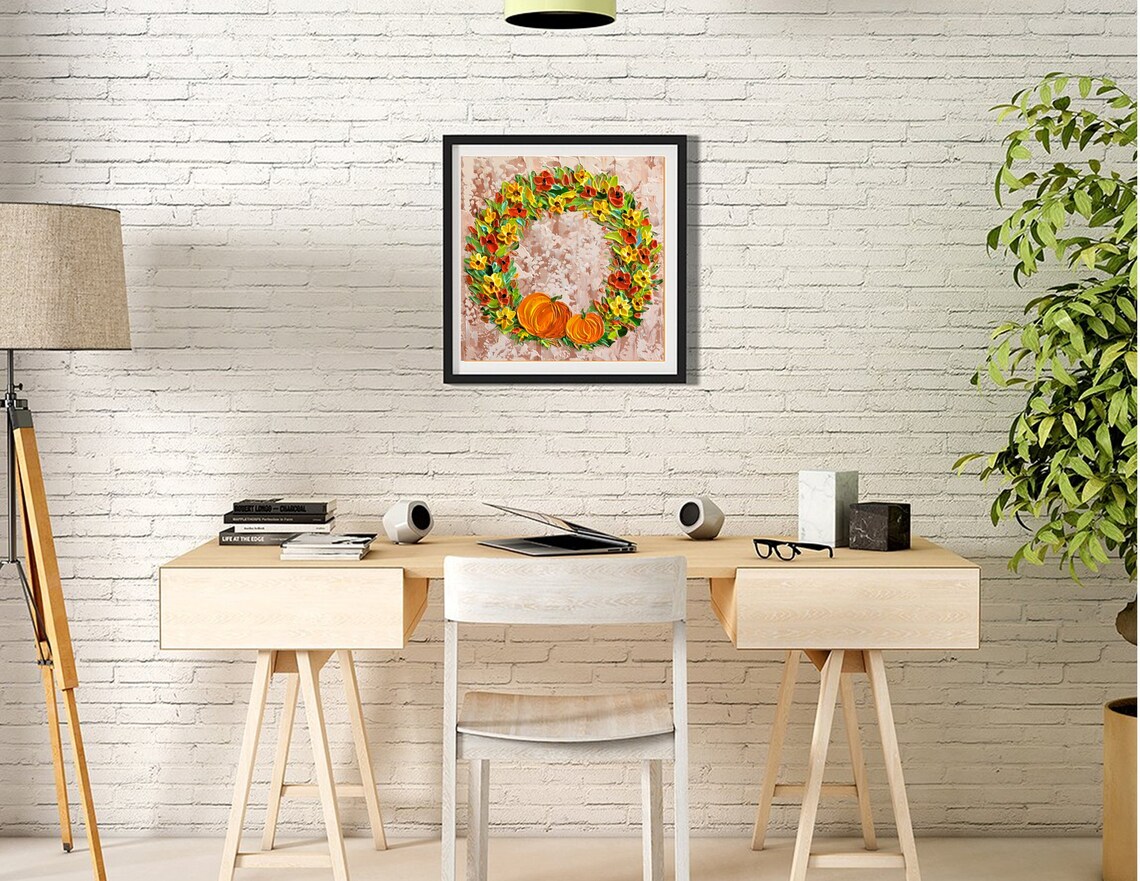 Fall Floral Wreath Painting Pumpkins Autumn Flowers Holiday Art Poster - Image 3