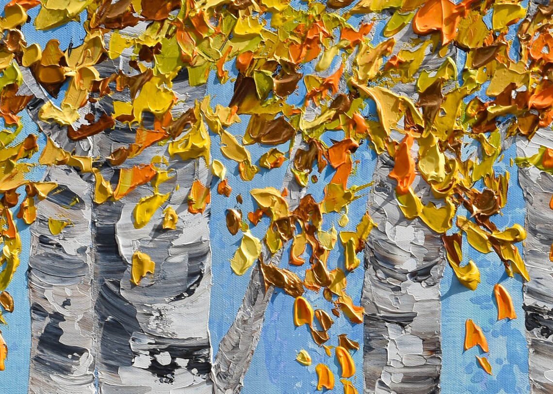 Golden Yellow Birch Forest Painting Textured Original Palette Knife Artwork Fall Landscape Art - Image 2