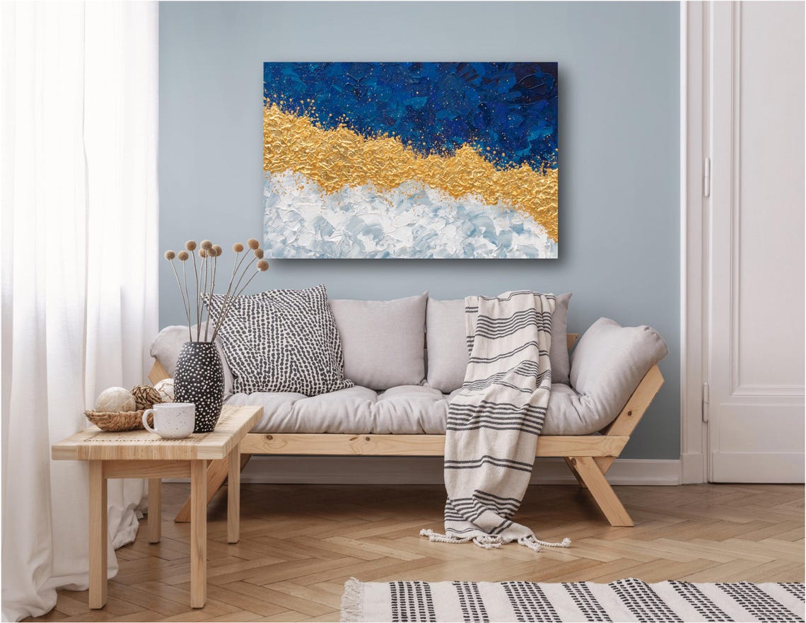 Navy Blue Gold Abstract Waves Textured Modern Impasto Wall Art Print - Image 3