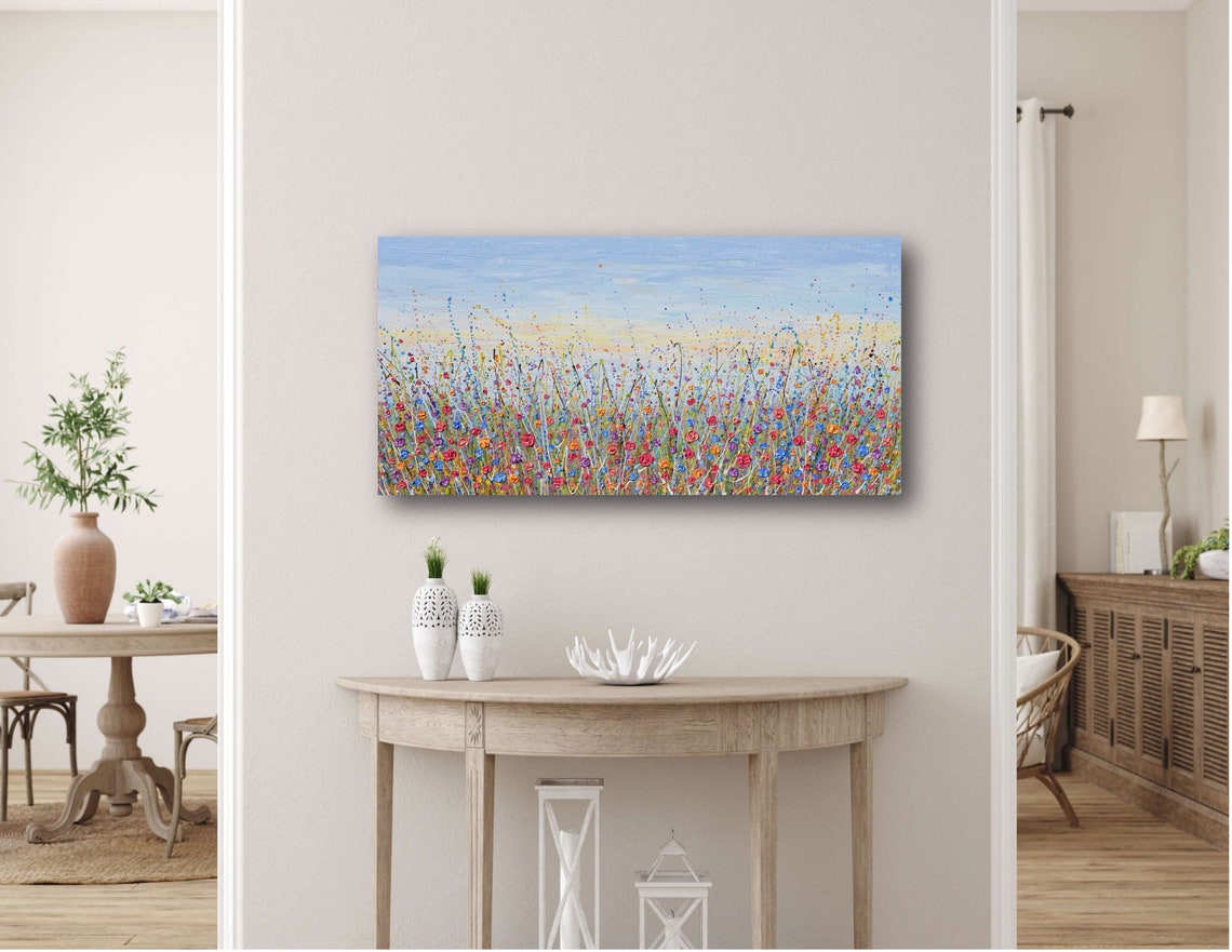 Multicolor Wildflower Meadow Panoramic Blue Sky Red Blue Art Poster - Image 2