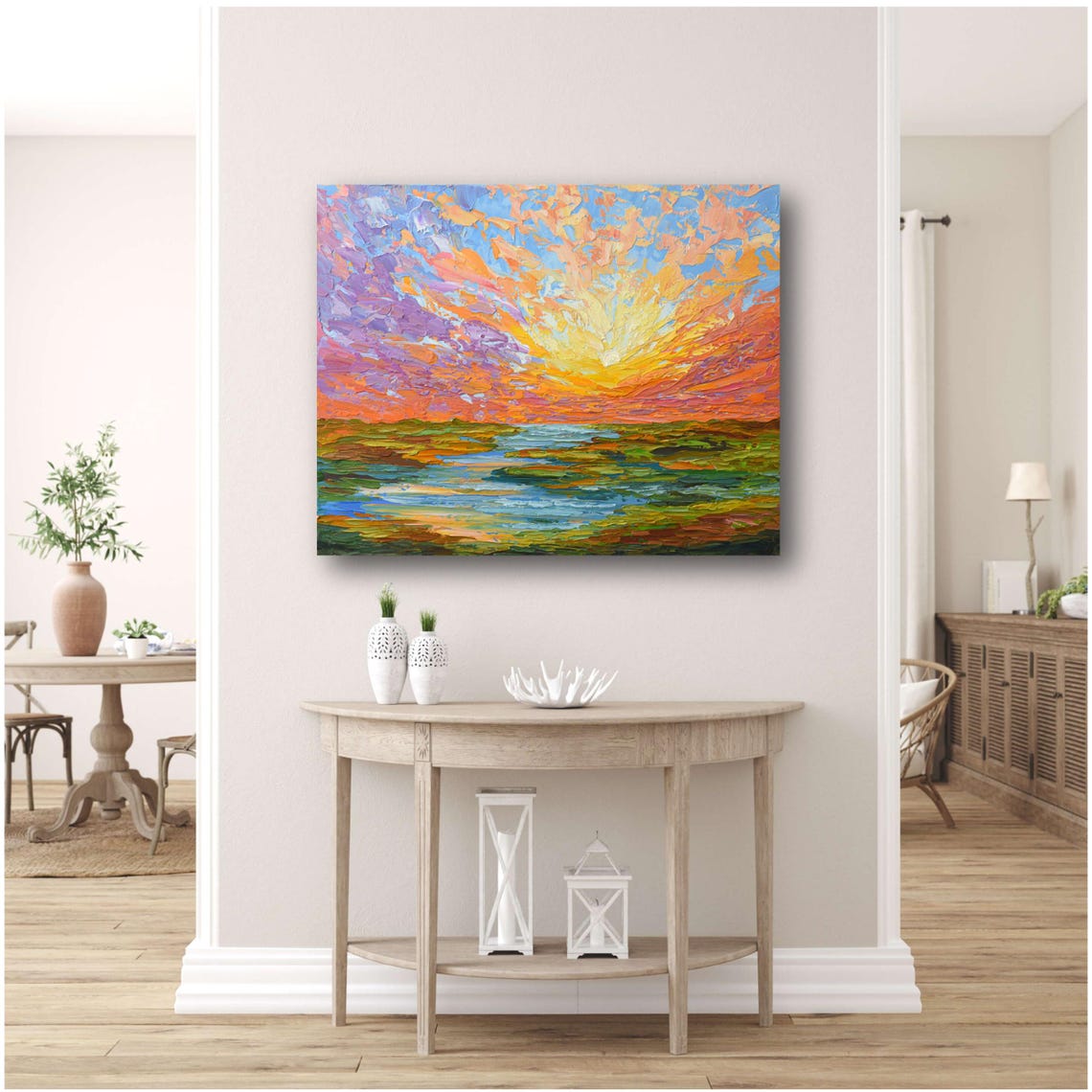 Sunset Art Print Impressionist Wall Dcor Colorful Sky Landscape Painting Stretched Giclee - Image 3