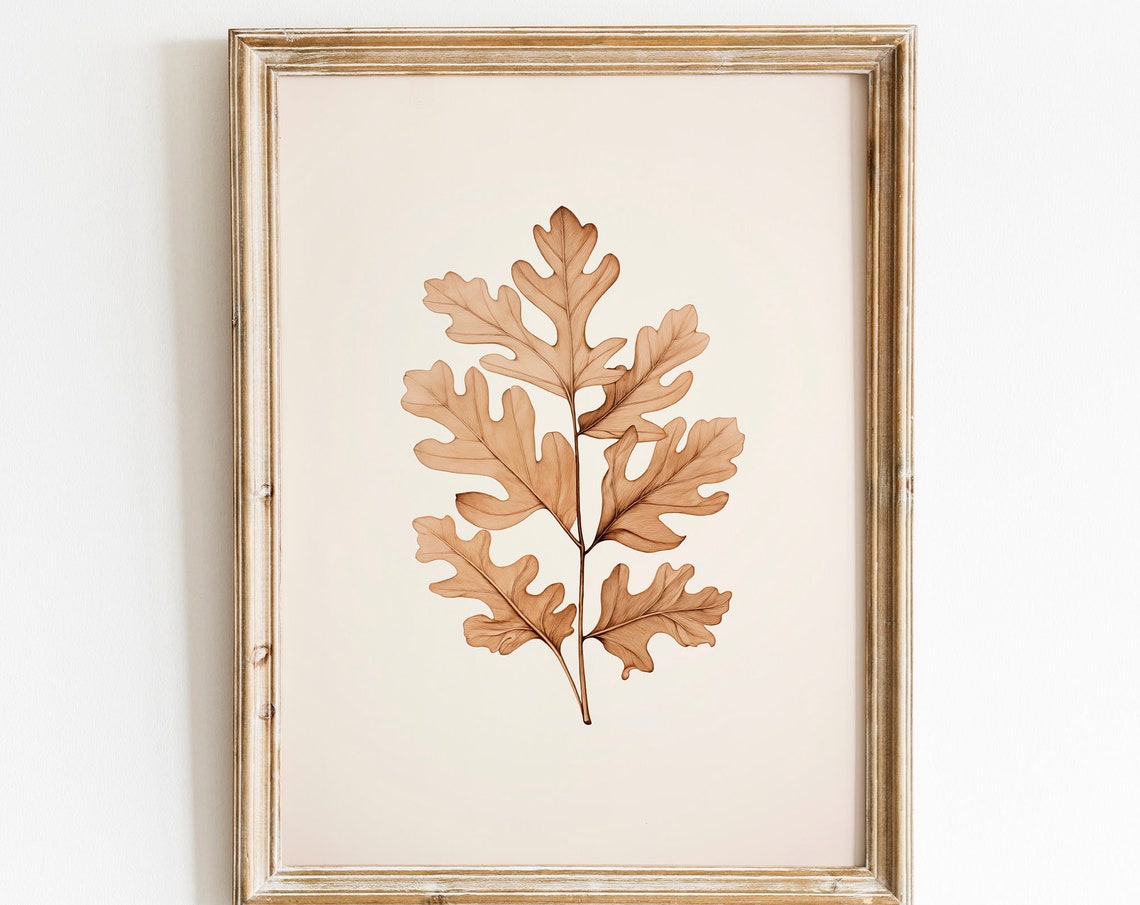 Golden Oak Leaves Branch Minimalist Botanical Autumn Wall Art - Image 2