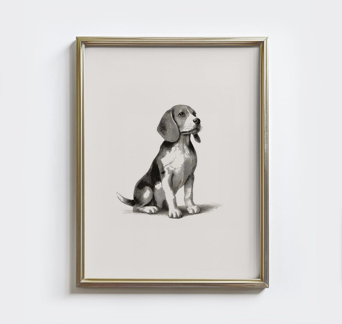 Beagle Puppy Vintage Sketch Sitting Dog Portrait Dog Lover Wall Art