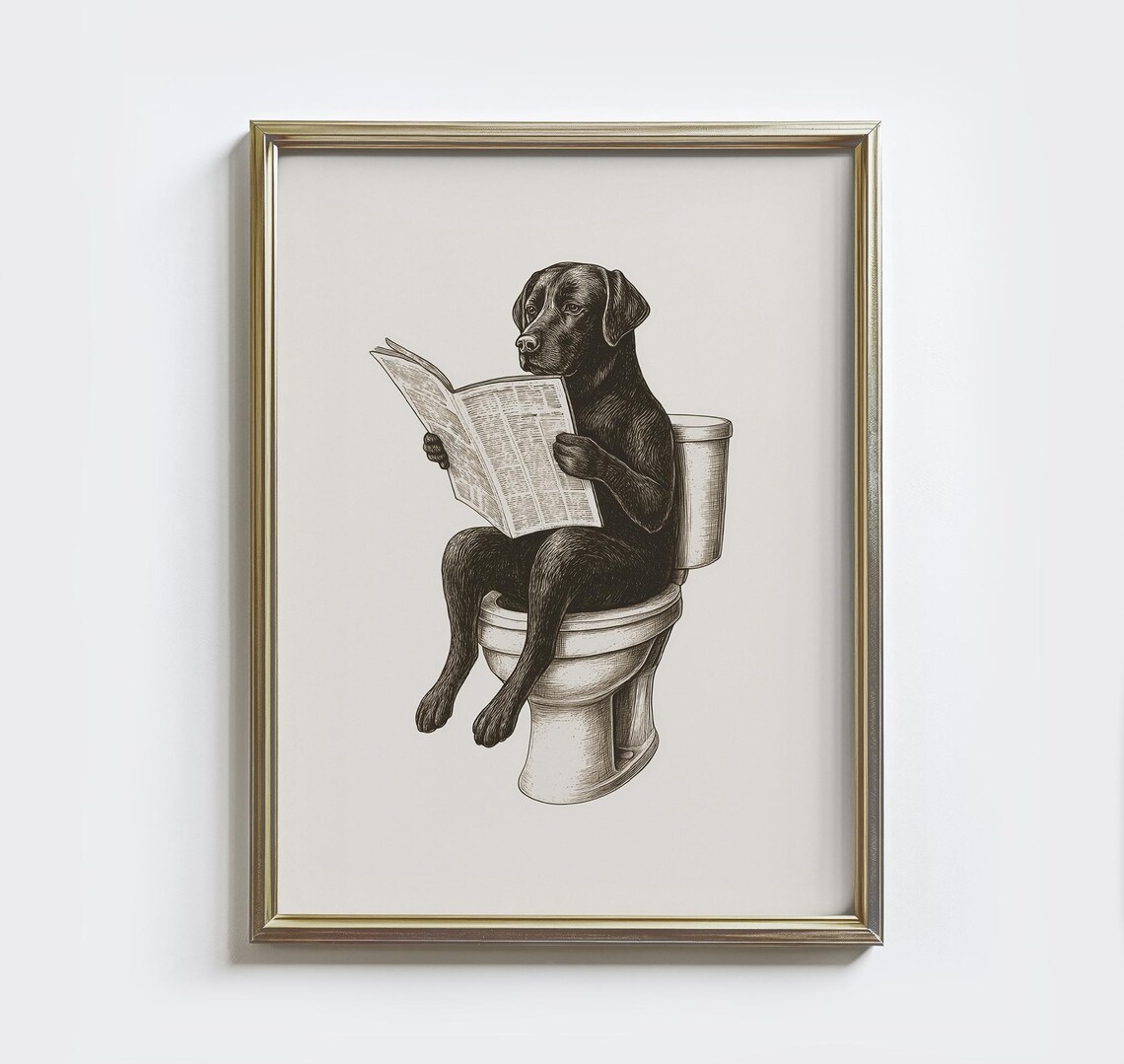 Funny Labrador Bathroom Vintage Dog On Toilet Art