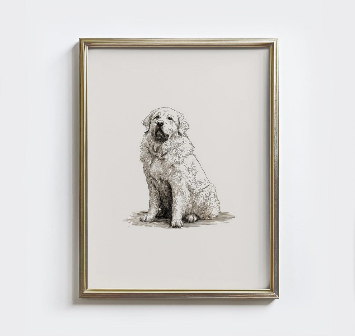 Great Pyrenees Vintage Sketch Sitting Dog Portrait Farmhouse Wall Art