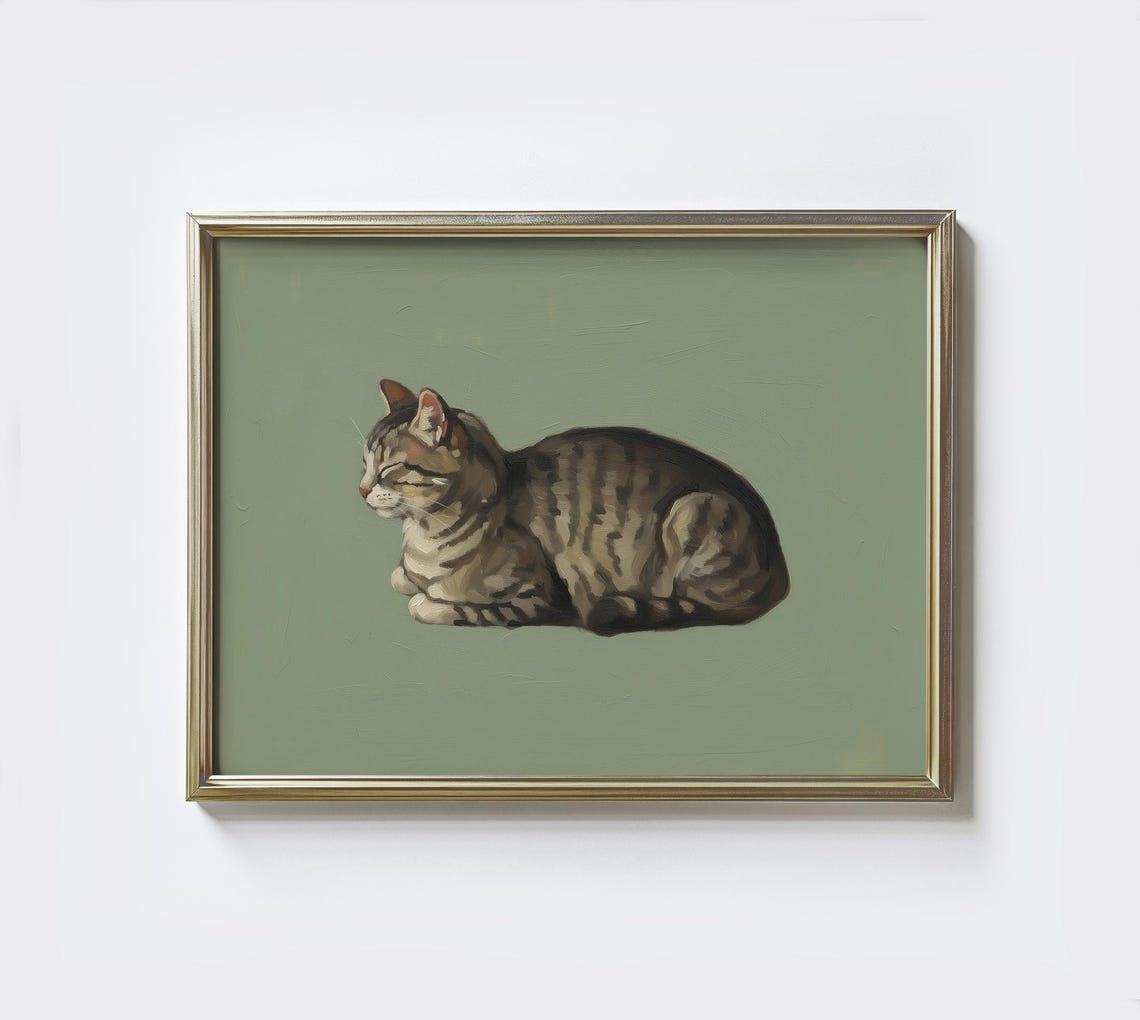 Sleeping Tabby Cat On Sage Green Background Cozy Feline Poster