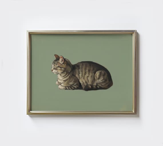 Sleeping Tabby Cat On Sage Green Background Cozy Feline Poster