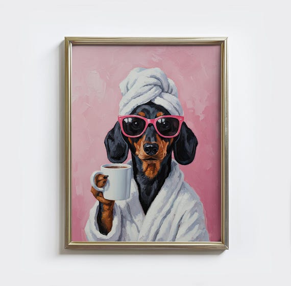 Dachshund Coffee Wall Art Funny Wiener Dog Spa Day Print Sausage Painting Trendy Kitchen Poster Pink Bathroom Decor