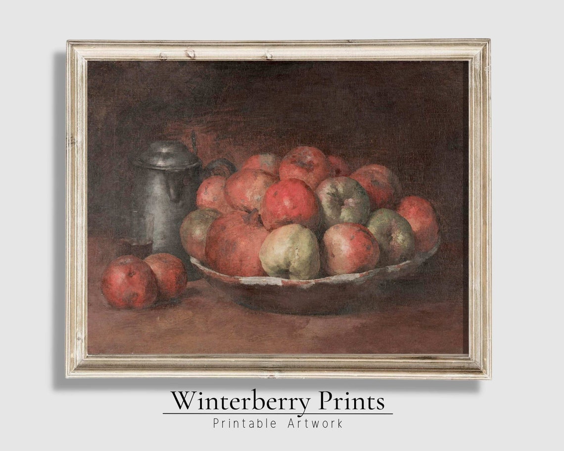 Dark Vintage Apple Still Life Bowl Pewter Jug Kitchen Wall Poster - Image 5