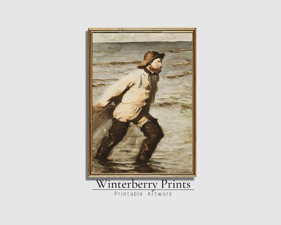 Fisherman Hauling Boat on Shore Muted Sea Antique Maritime Painting Art Print