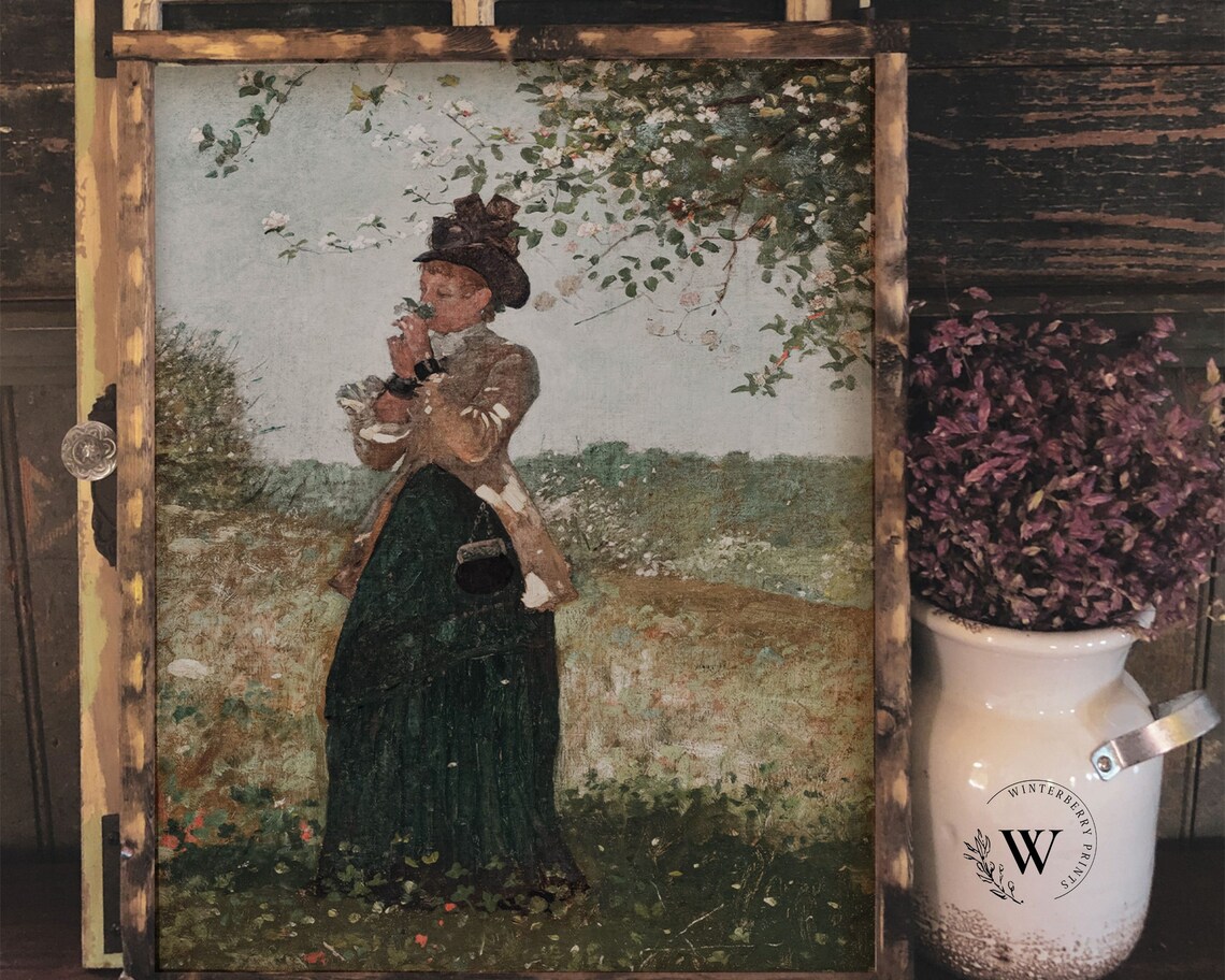 Vintage Woman Portrait Blossoming Branches Meadow Oil Painting Antique Poster - Image 2