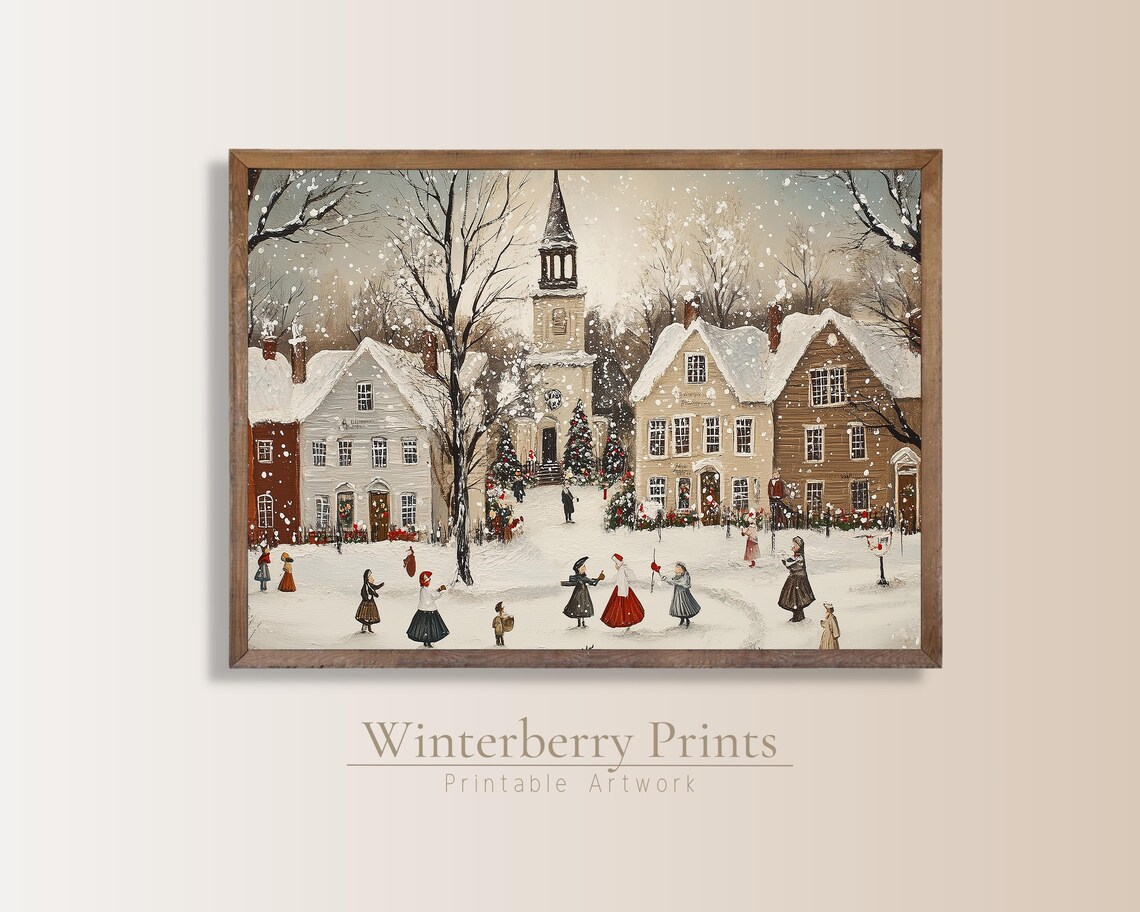 Vintage Christmas Town Christmas Village Print Winter Wall Art Painting Seasonal Home Decor Neutral Christmas Wall Art Textured
