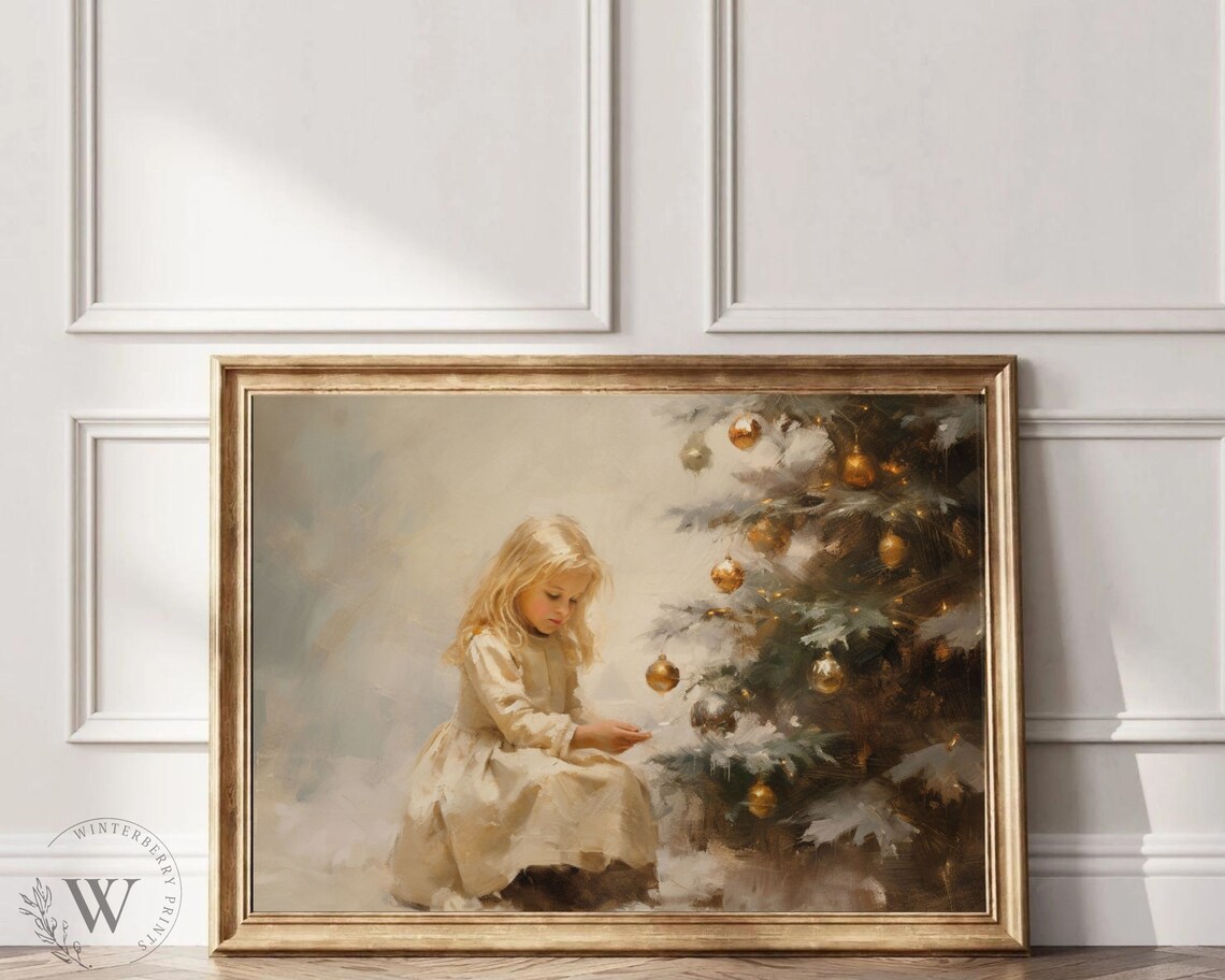 Little Girl Hanging Gold Ornaments Snowy Christmas Tree Wall Art