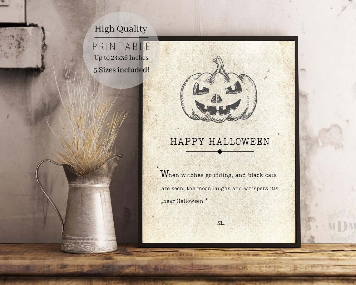 Happy Halloween Book Page Print, Antique Witch Cats